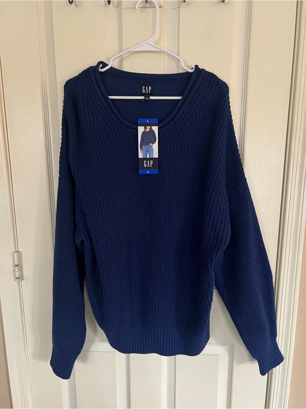 GAP Women’s Large Navy Blue 100% Cotton Chunky Knit Pullover Oversized NWT - Picture 6 of 9